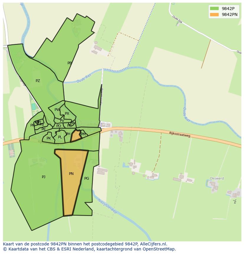 Afbeelding van het postcodegebied 9842 PN op de kaart.