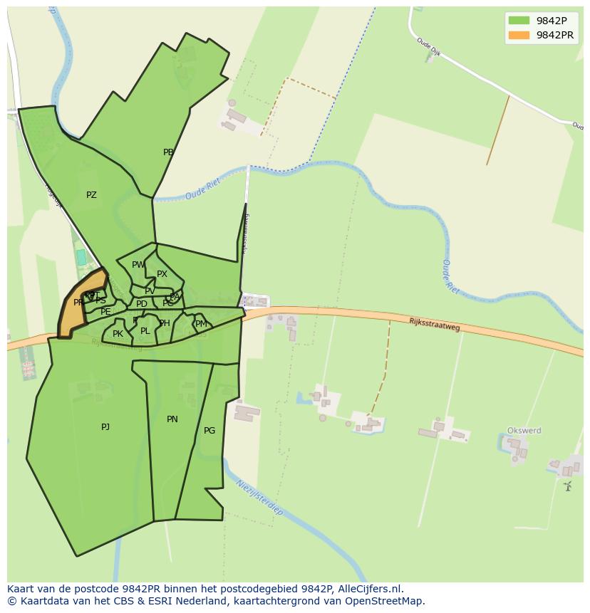 Afbeelding van het postcodegebied 9842 PR op de kaart.
