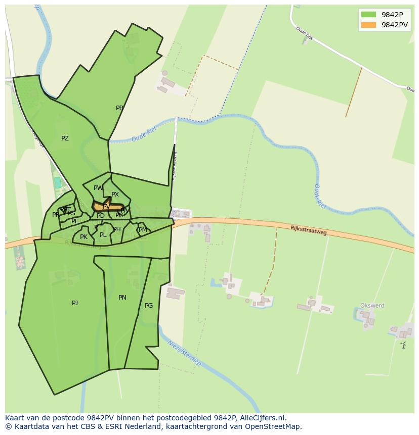 Afbeelding van het postcodegebied 9842 PV op de kaart.