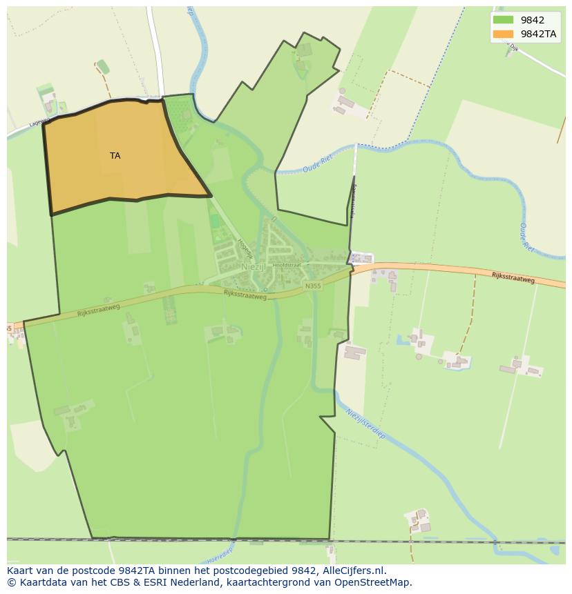 Afbeelding van het postcodegebied 9842 TA op de kaart.