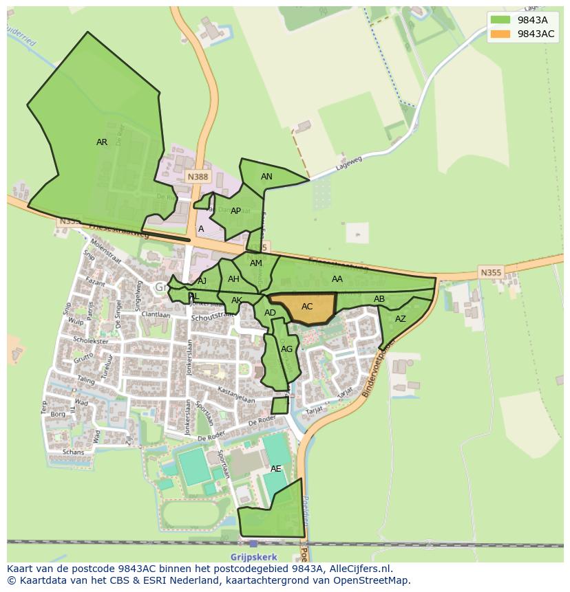 Afbeelding van het postcodegebied 9843 AC op de kaart.