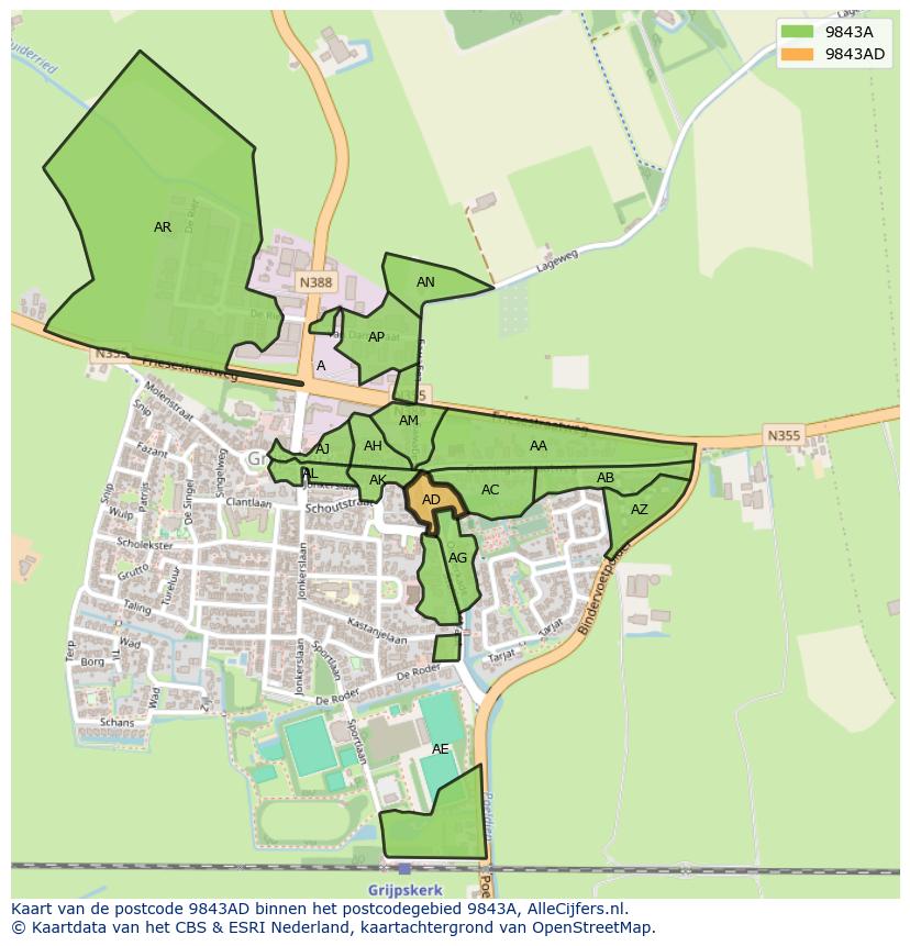Afbeelding van het postcodegebied 9843 AD op de kaart.