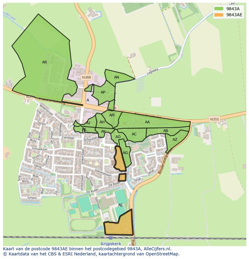 Afbeelding van het postcodegebied 9843 AE op de kaart.