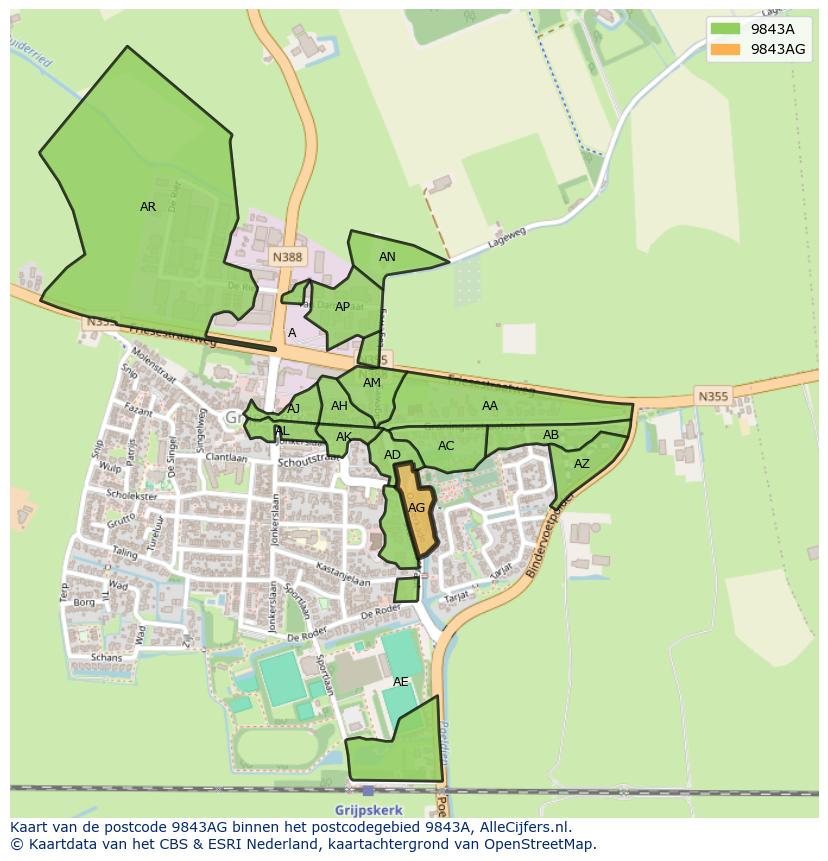 Afbeelding van het postcodegebied 9843 AG op de kaart.