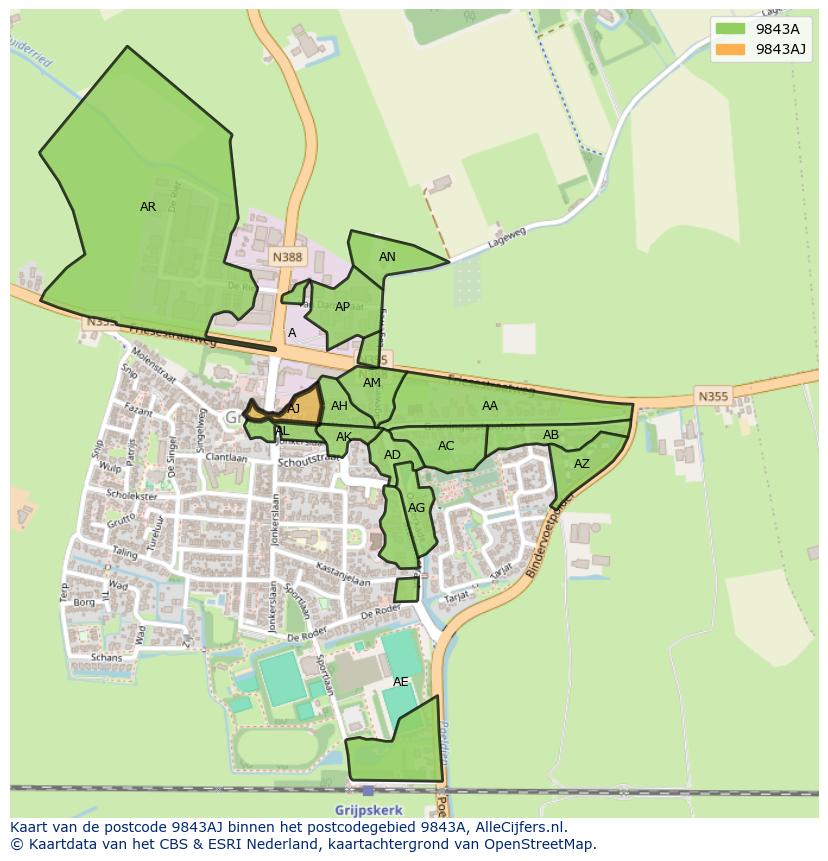 Afbeelding van het postcodegebied 9843 AJ op de kaart.