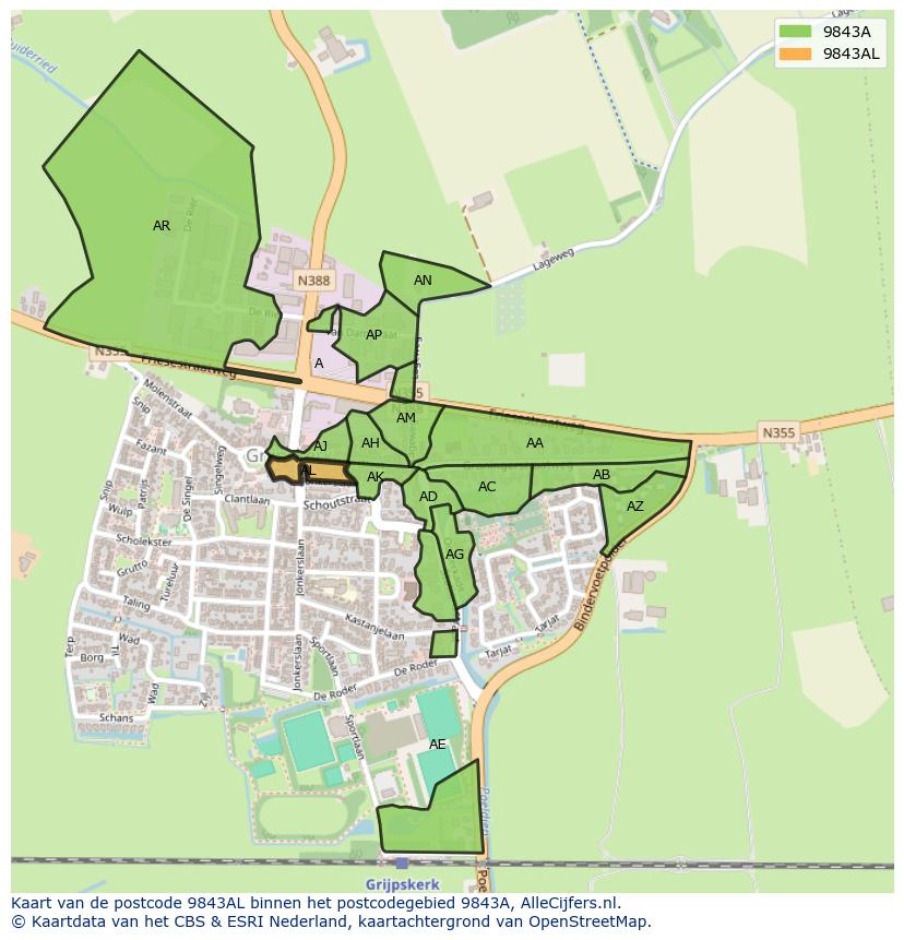 Afbeelding van het postcodegebied 9843 AL op de kaart.