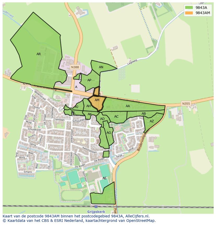 Afbeelding van het postcodegebied 9843 AM op de kaart.