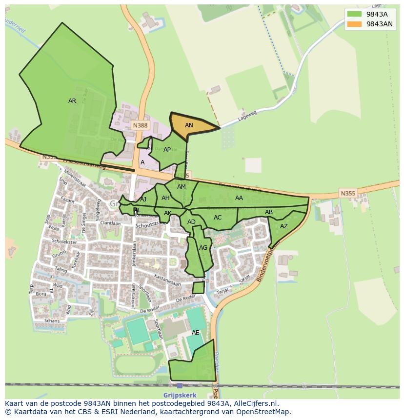 Afbeelding van het postcodegebied 9843 AN op de kaart.