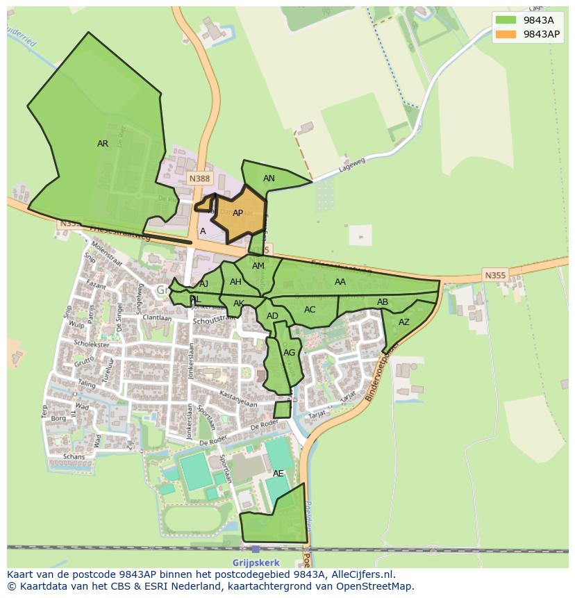Afbeelding van het postcodegebied 9843 AP op de kaart.
