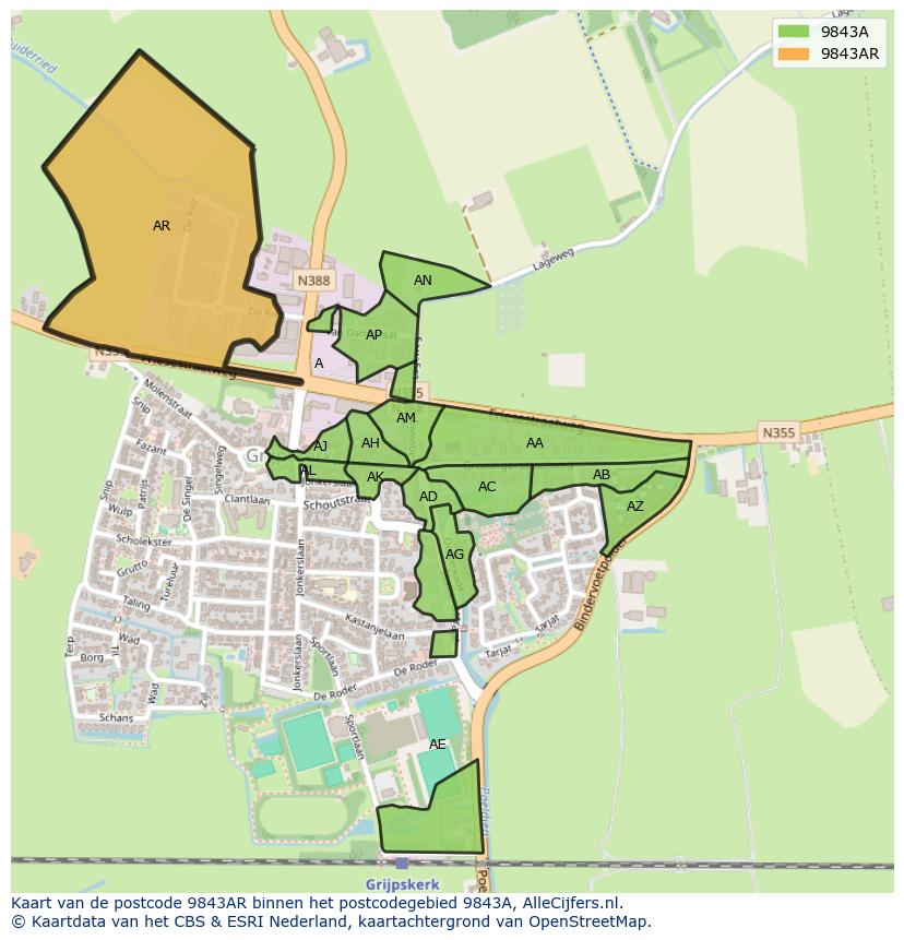 Afbeelding van het postcodegebied 9843 AR op de kaart.