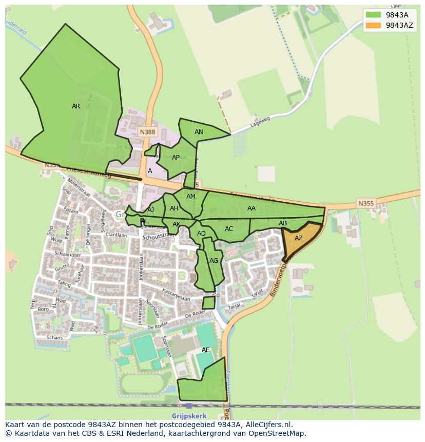 Afbeelding van het postcodegebied 9843 AZ op de kaart.