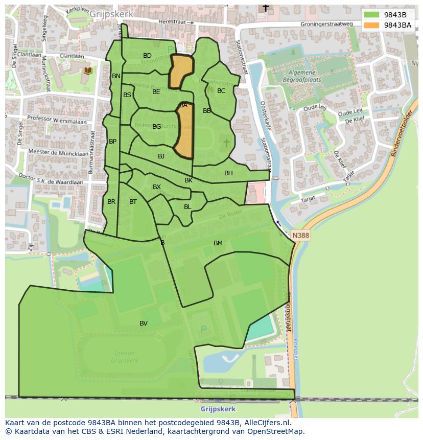 Afbeelding van het postcodegebied 9843 BA op de kaart.