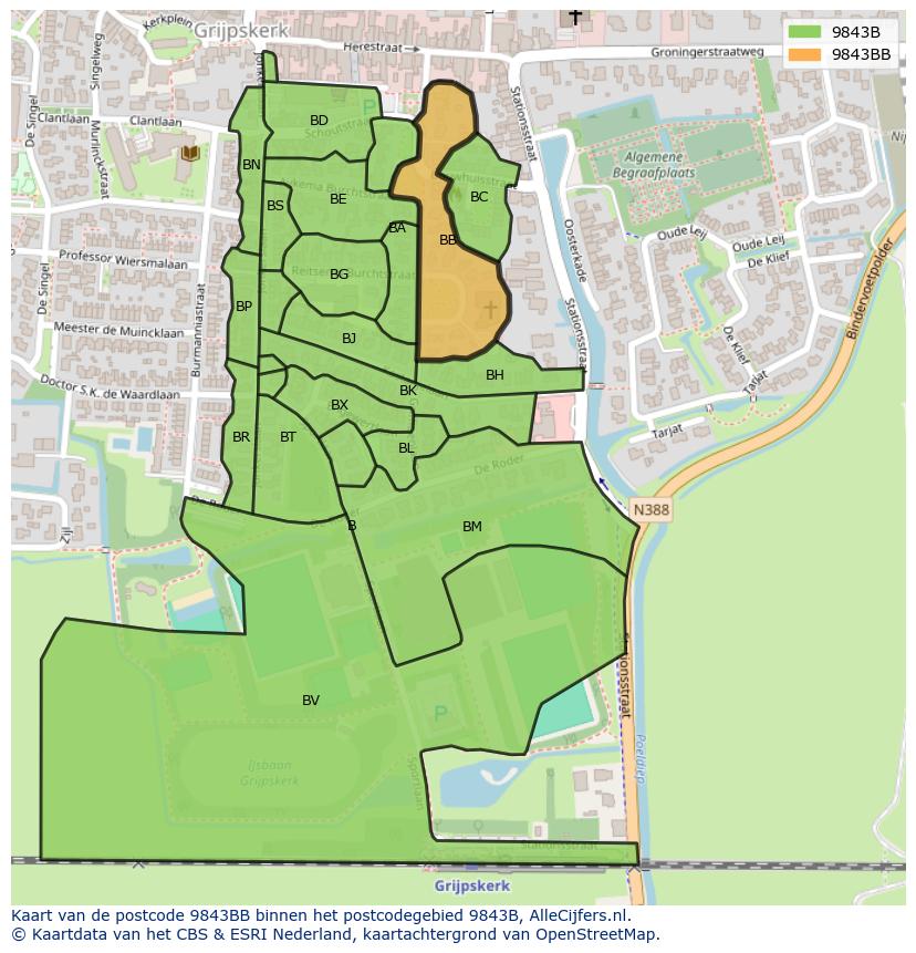 Afbeelding van het postcodegebied 9843 BB op de kaart.
