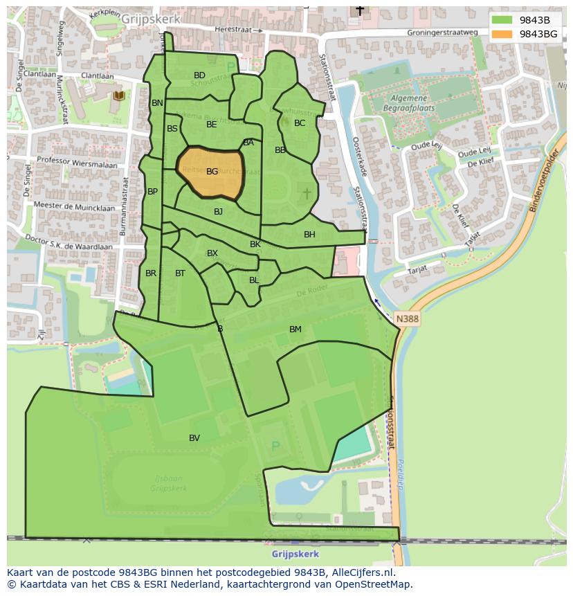 Afbeelding van het postcodegebied 9843 BG op de kaart.