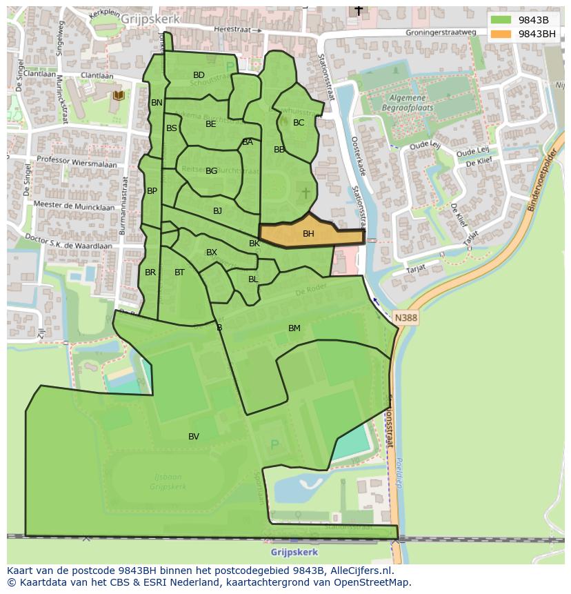 Afbeelding van het postcodegebied 9843 BH op de kaart.