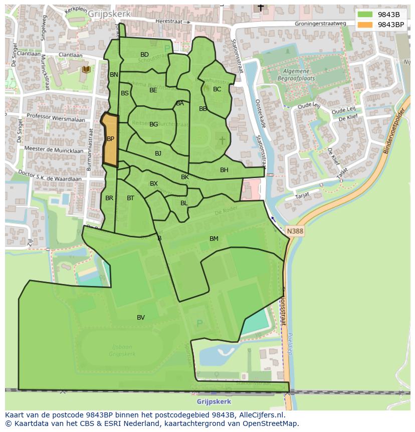 Afbeelding van het postcodegebied 9843 BP op de kaart.