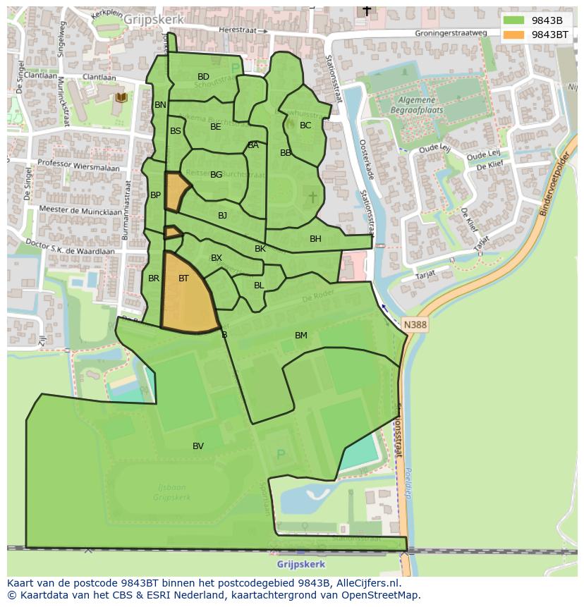 Afbeelding van het postcodegebied 9843 BT op de kaart.