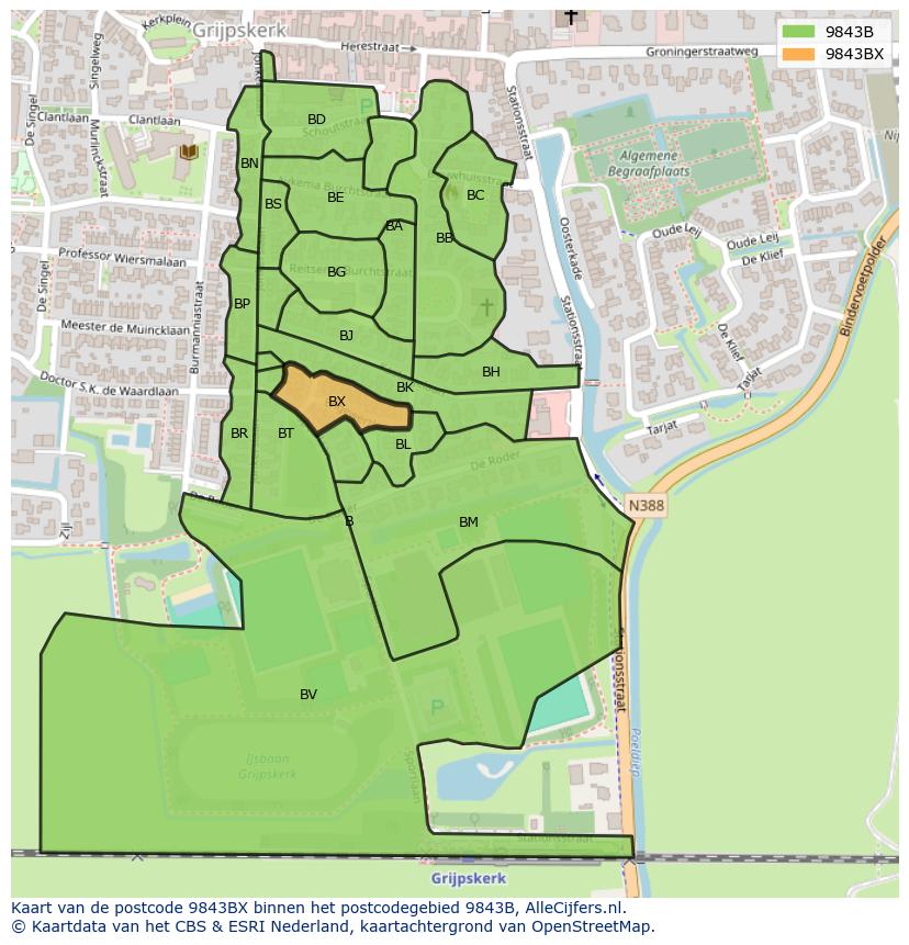 Afbeelding van het postcodegebied 9843 BX op de kaart.