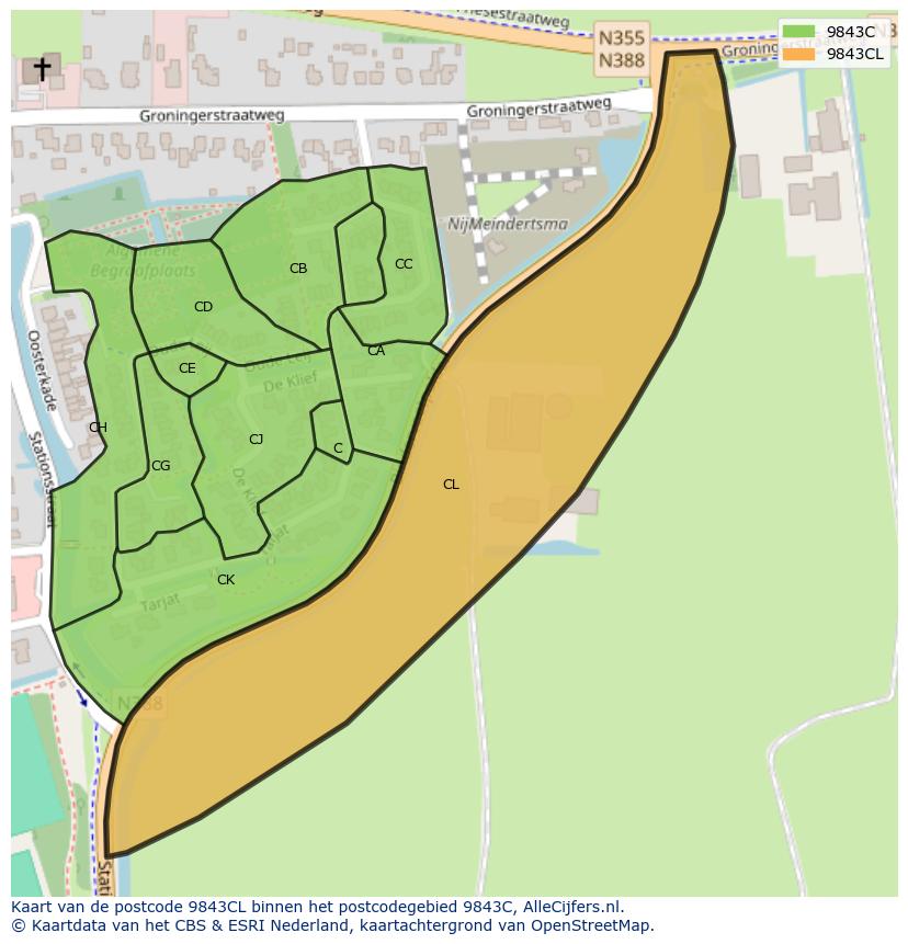 Afbeelding van het postcodegebied 9843 CL op de kaart.