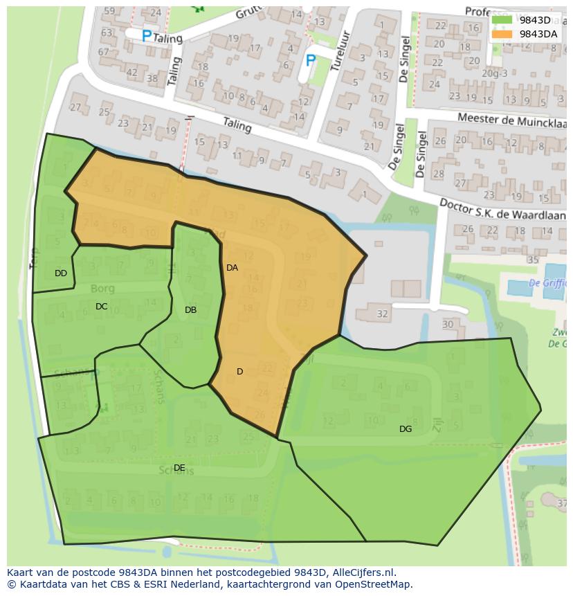 Afbeelding van het postcodegebied 9843 DA op de kaart.