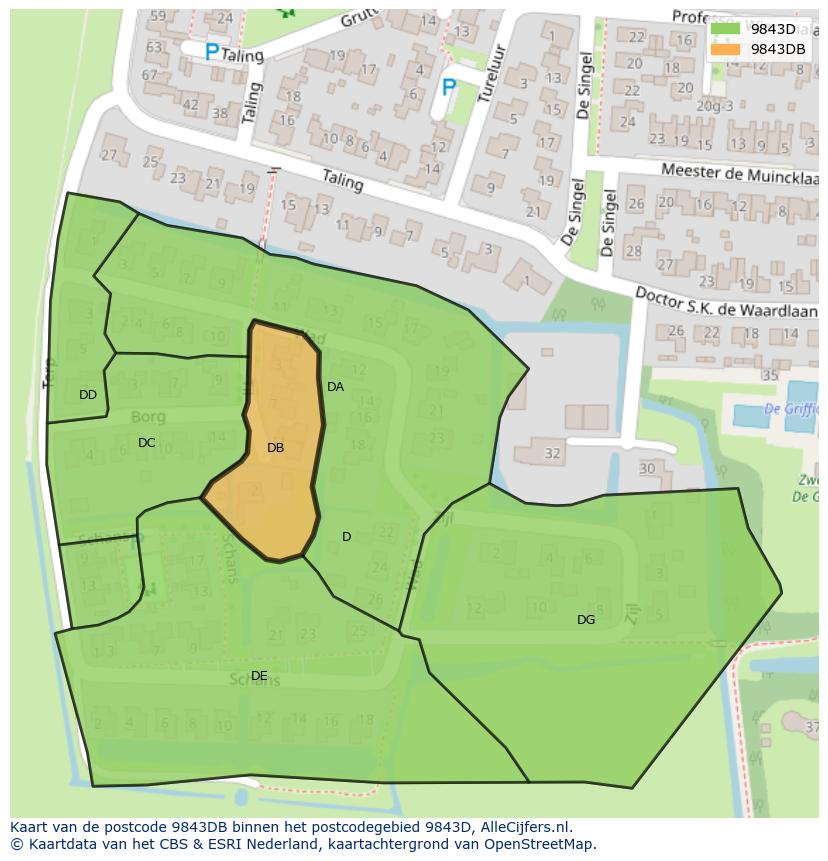 Afbeelding van het postcodegebied 9843 DB op de kaart.