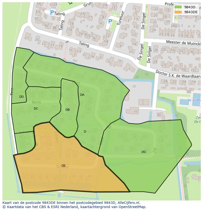 Afbeelding van het postcodegebied 9843 DE op de kaart.