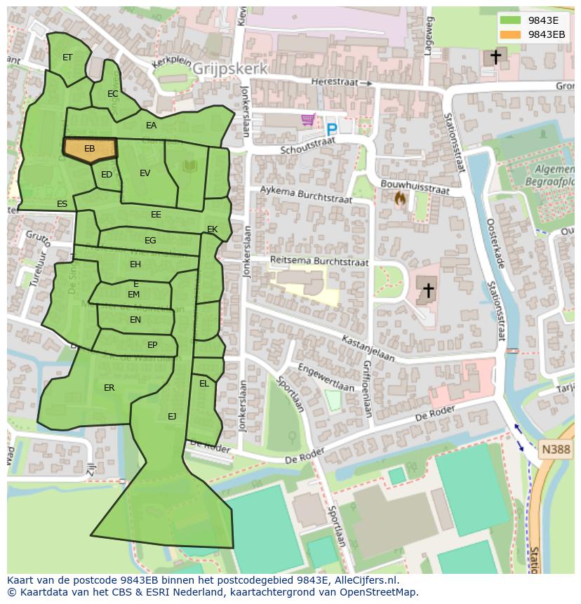 Afbeelding van het postcodegebied 9843 EB op de kaart.