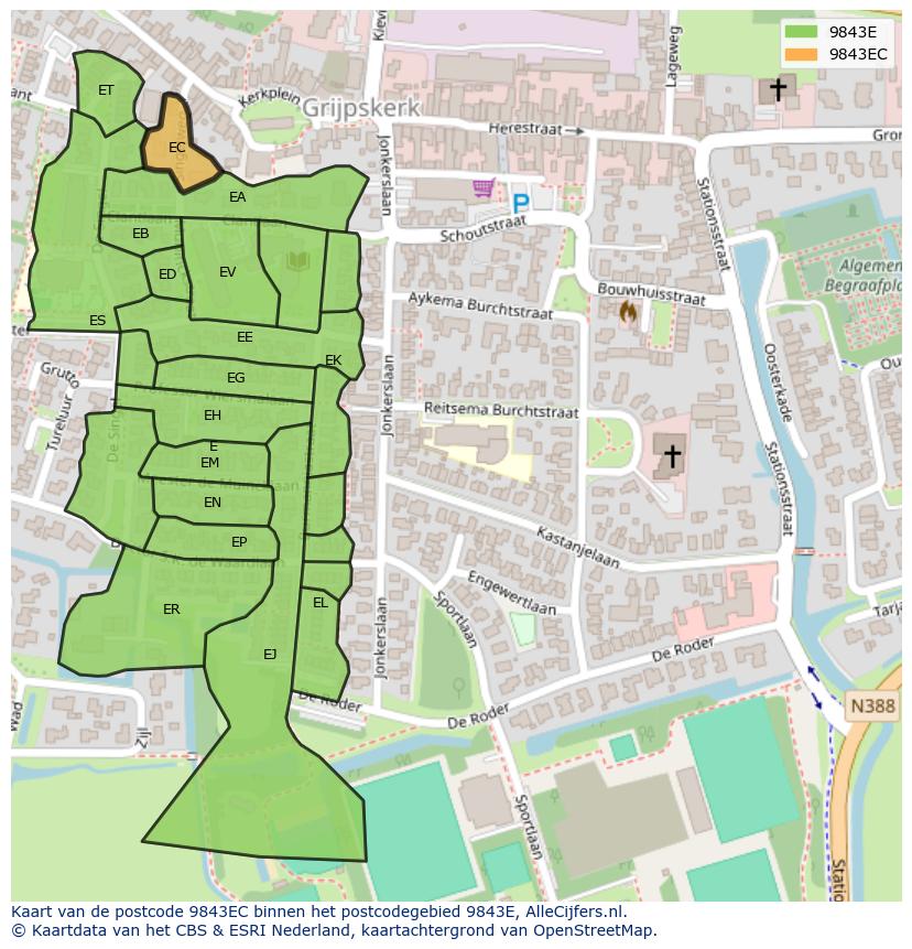 Afbeelding van het postcodegebied 9843 EC op de kaart.