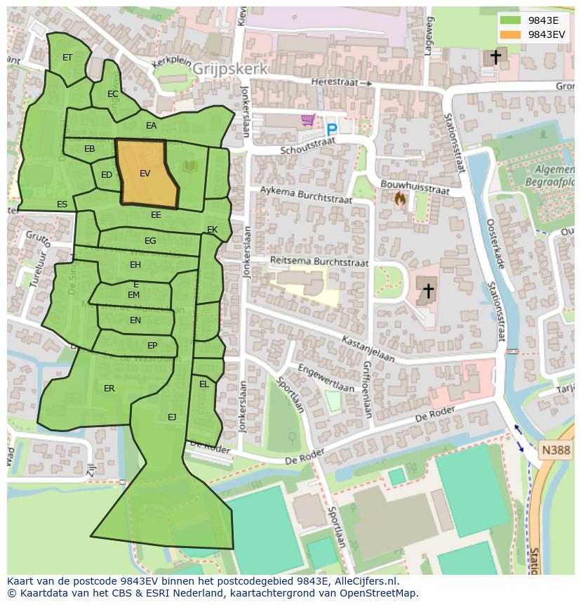 Afbeelding van het postcodegebied 9843 EV op de kaart.
