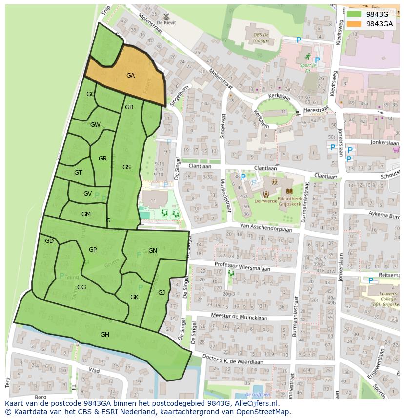 Afbeelding van het postcodegebied 9843 GA op de kaart.