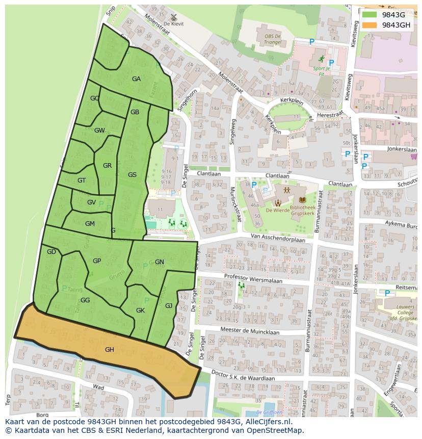 Afbeelding van het postcodegebied 9843 GH op de kaart.