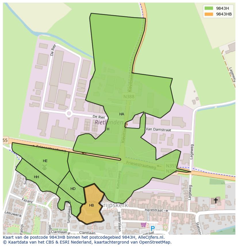 Afbeelding van het postcodegebied 9843 HB op de kaart.