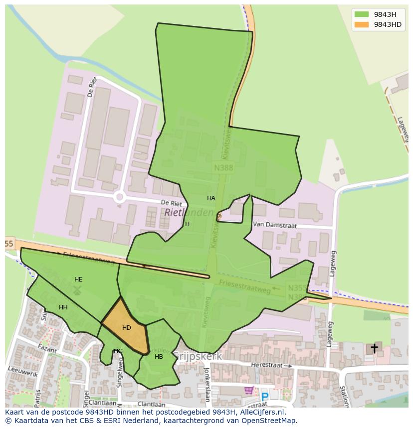 Afbeelding van het postcodegebied 9843 HD op de kaart.
