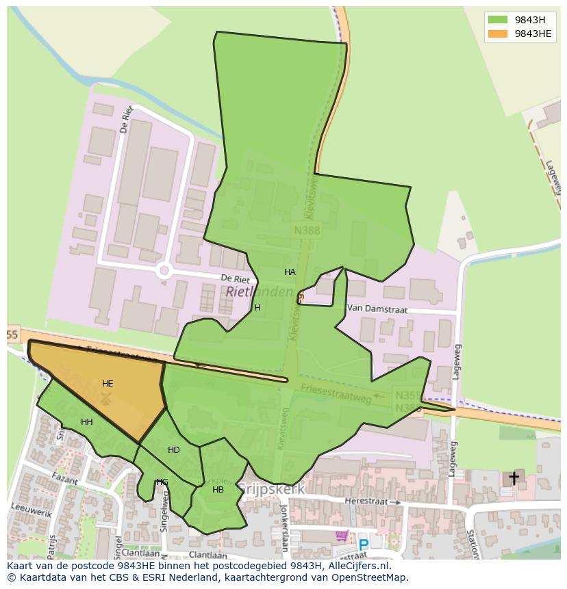 Afbeelding van het postcodegebied 9843 HE op de kaart.