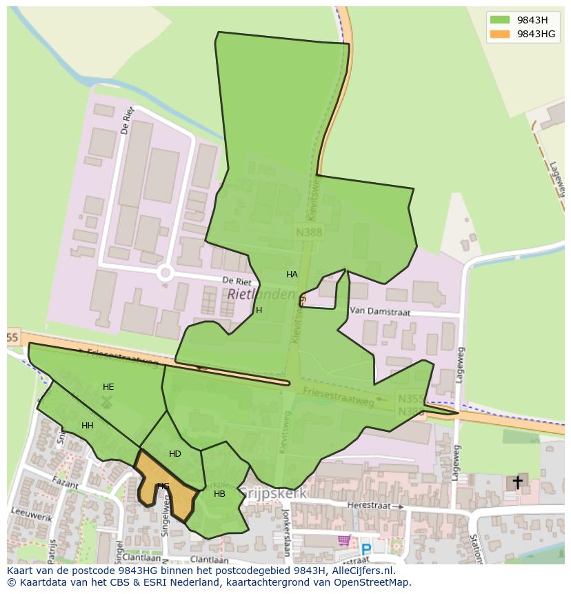 Afbeelding van het postcodegebied 9843 HG op de kaart.