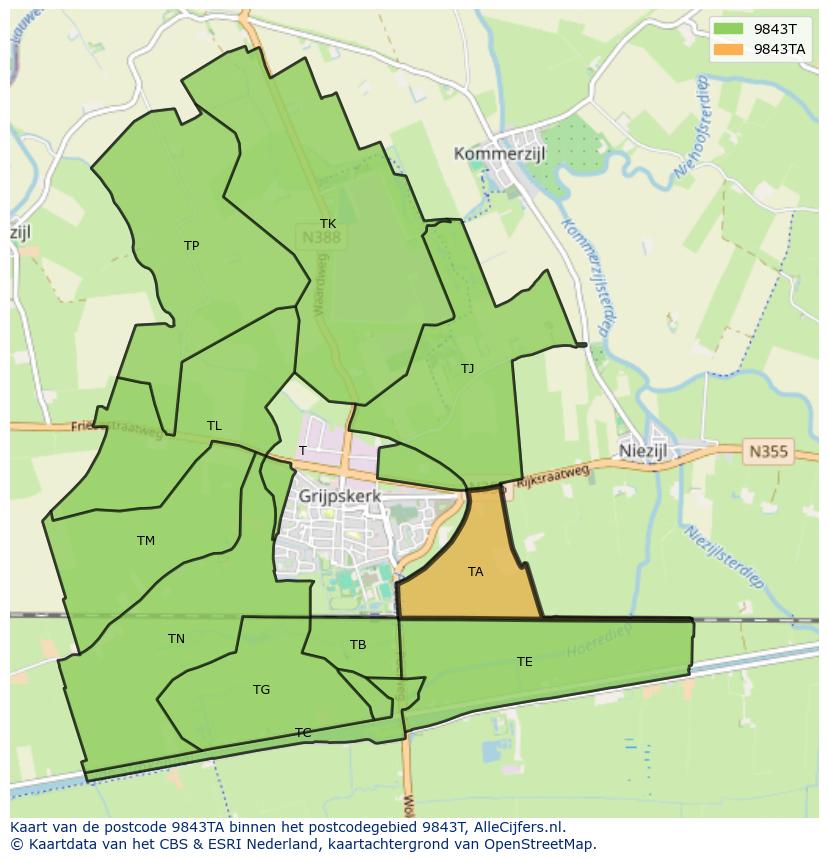 Afbeelding van het postcodegebied 9843 TA op de kaart.