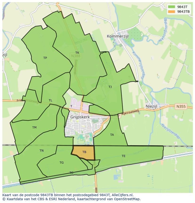 Afbeelding van het postcodegebied 9843 TB op de kaart.