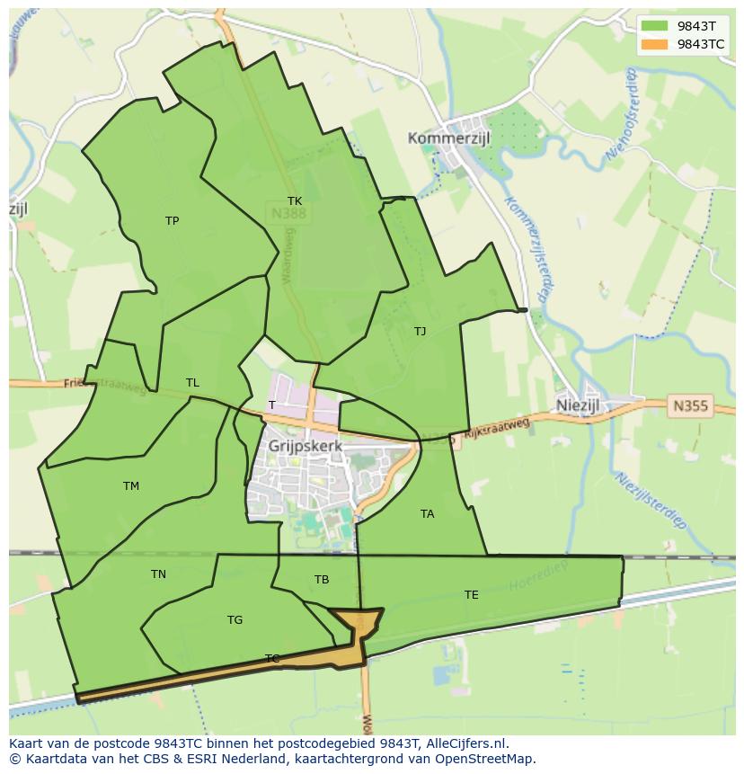 Afbeelding van het postcodegebied 9843 TC op de kaart.