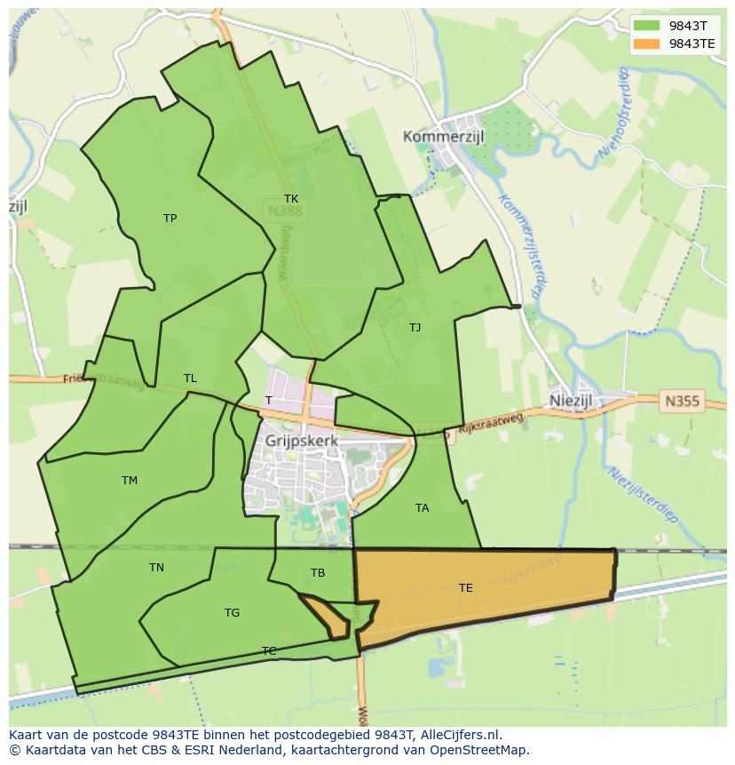 Afbeelding van het postcodegebied 9843 TE op de kaart.