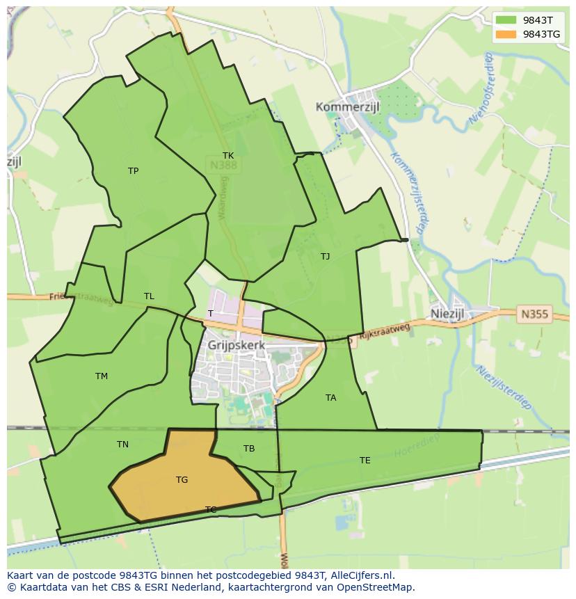 Afbeelding van het postcodegebied 9843 TG op de kaart.