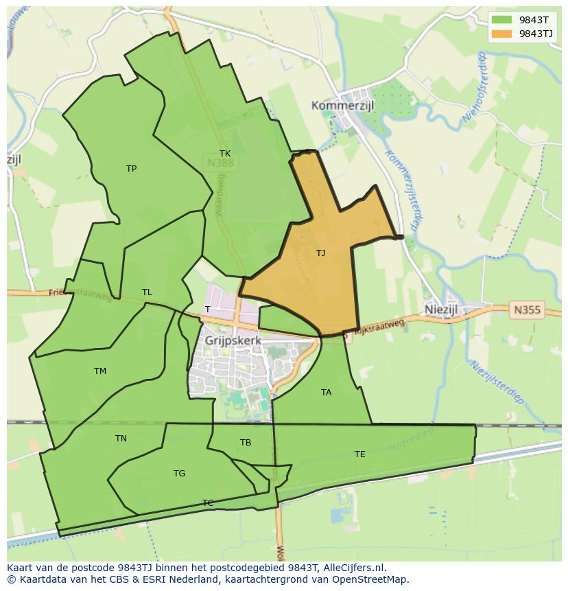 Afbeelding van het postcodegebied 9843 TJ op de kaart.