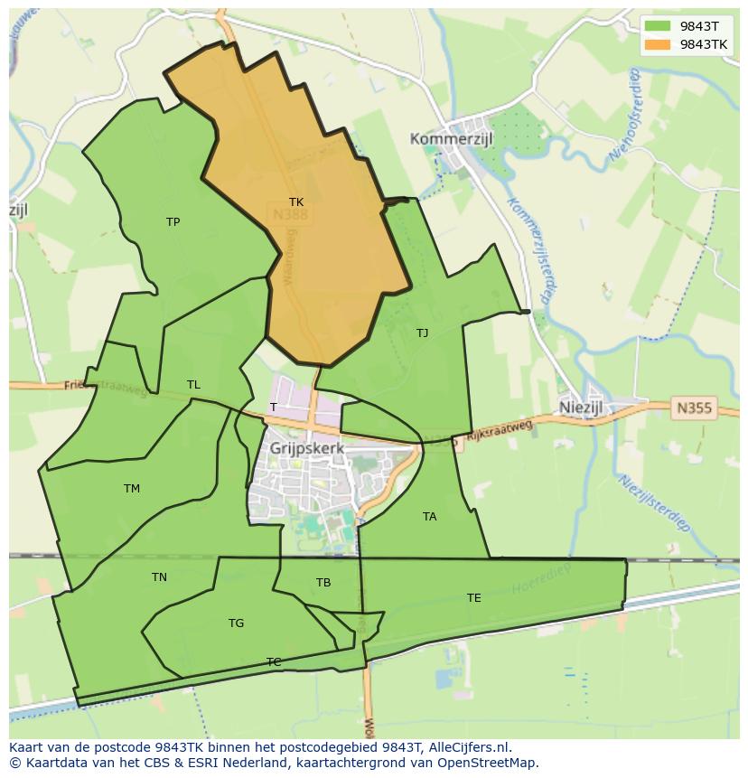 Afbeelding van het postcodegebied 9843 TK op de kaart.