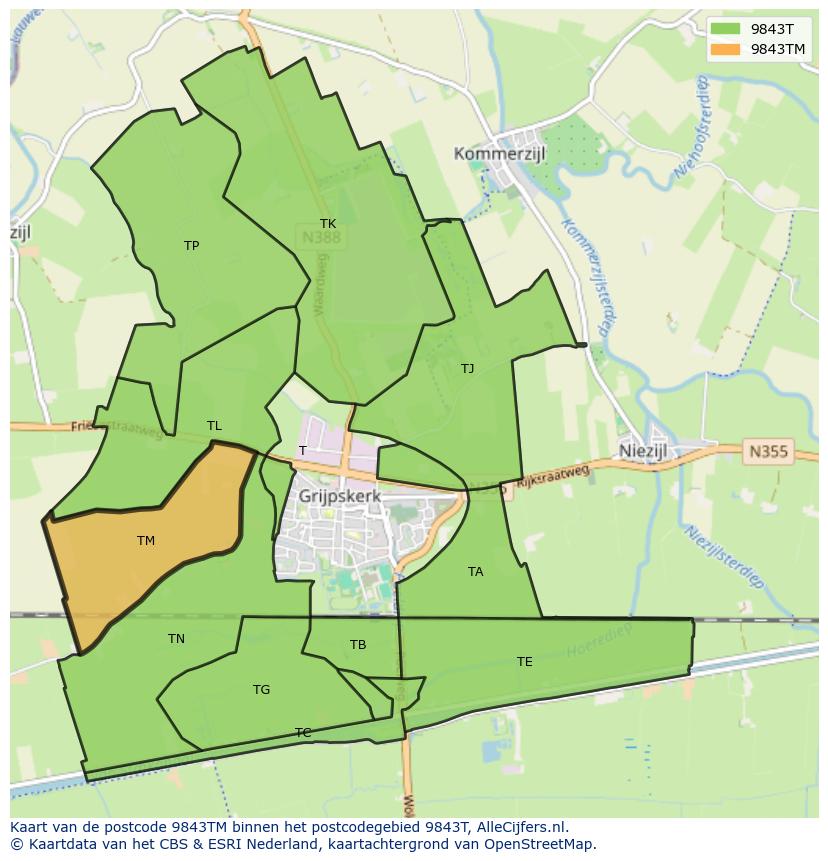 Afbeelding van het postcodegebied 9843 TM op de kaart.