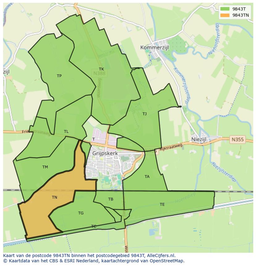 Afbeelding van het postcodegebied 9843 TN op de kaart.