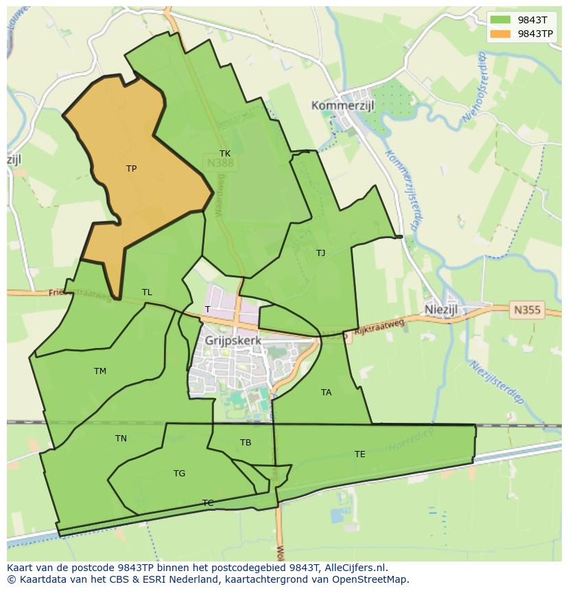 Afbeelding van het postcodegebied 9843 TP op de kaart.