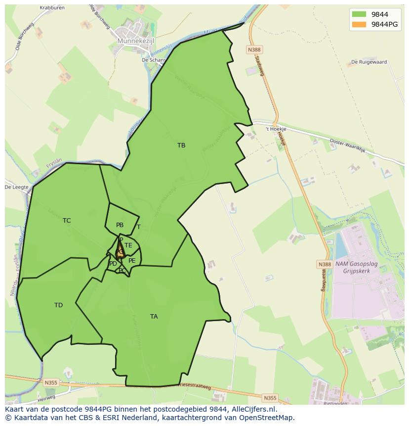 Afbeelding van het postcodegebied 9844 PG op de kaart.