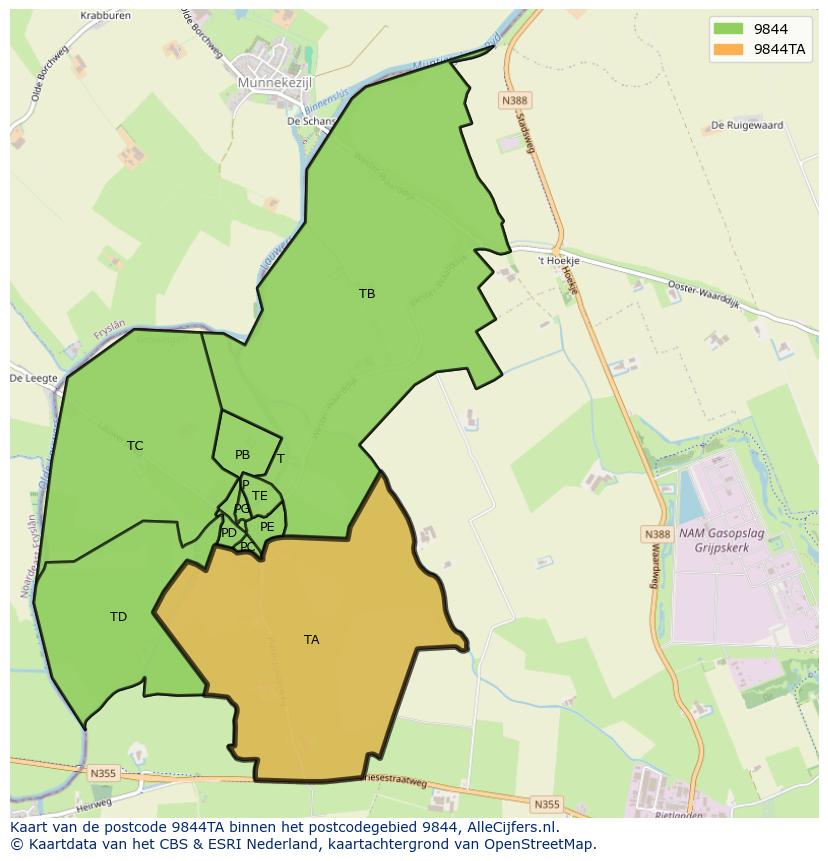 Afbeelding van het postcodegebied 9844 TA op de kaart.