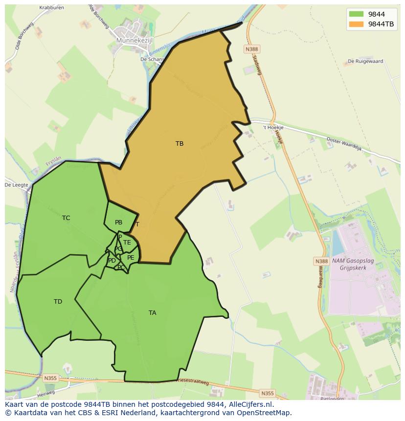 Afbeelding van het postcodegebied 9844 TB op de kaart.