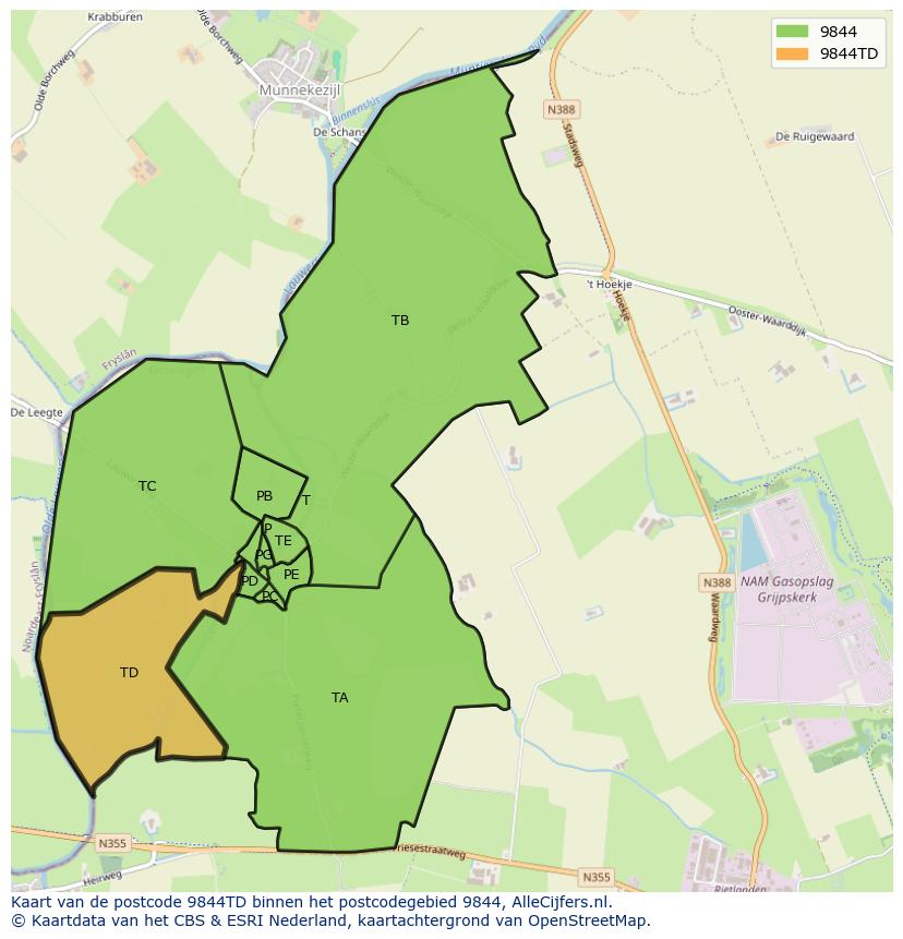 Afbeelding van het postcodegebied 9844 TD op de kaart.