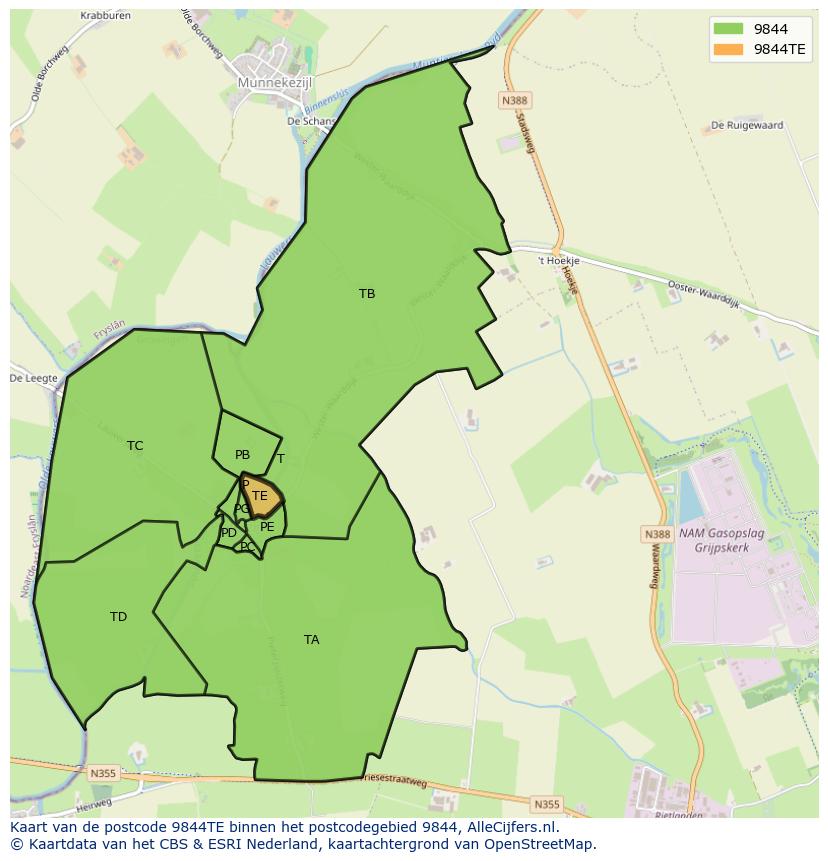 Afbeelding van het postcodegebied 9844 TE op de kaart.